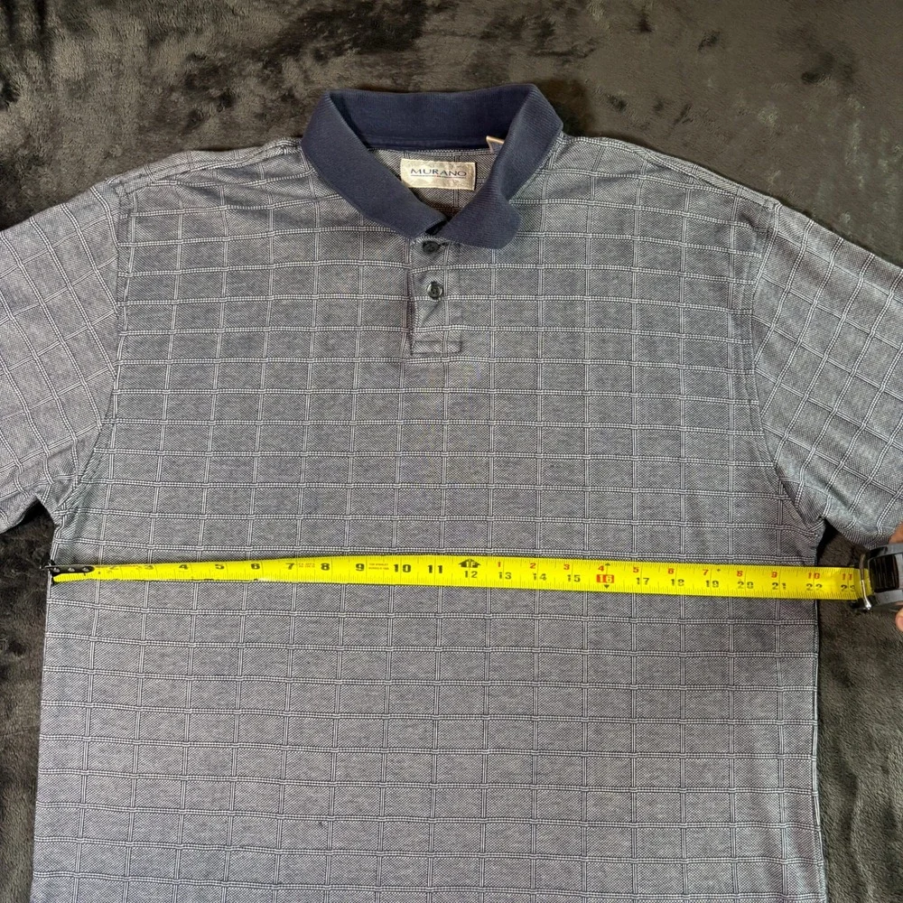 Murano Mens XL Long Sleeve Polo Rugby Shirt Navy Blue Grid Windowpane 100 Cotton